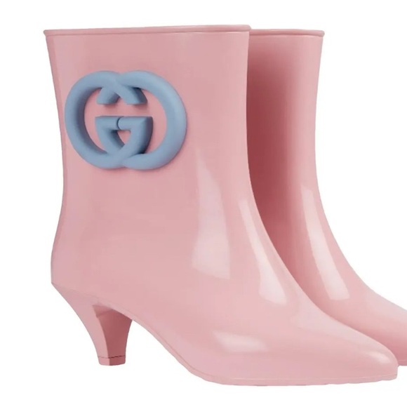 Gucci Shoes - Gucci Pink Heeled Boots with Blue Logo Rain Boots